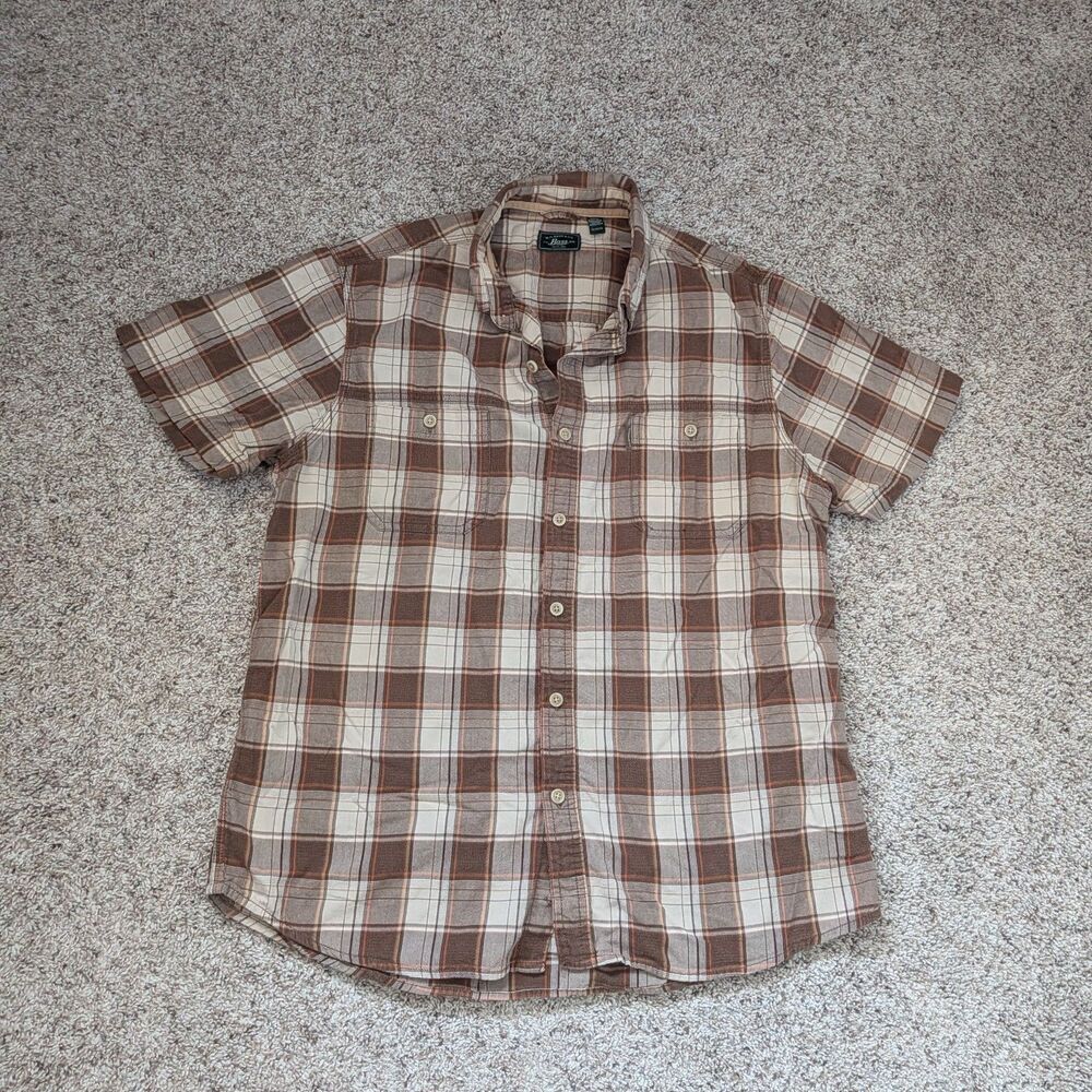 GH Bass Mens Shirt XL Brown Short Sleeve Button Up Collared Pocket Plaid Casual